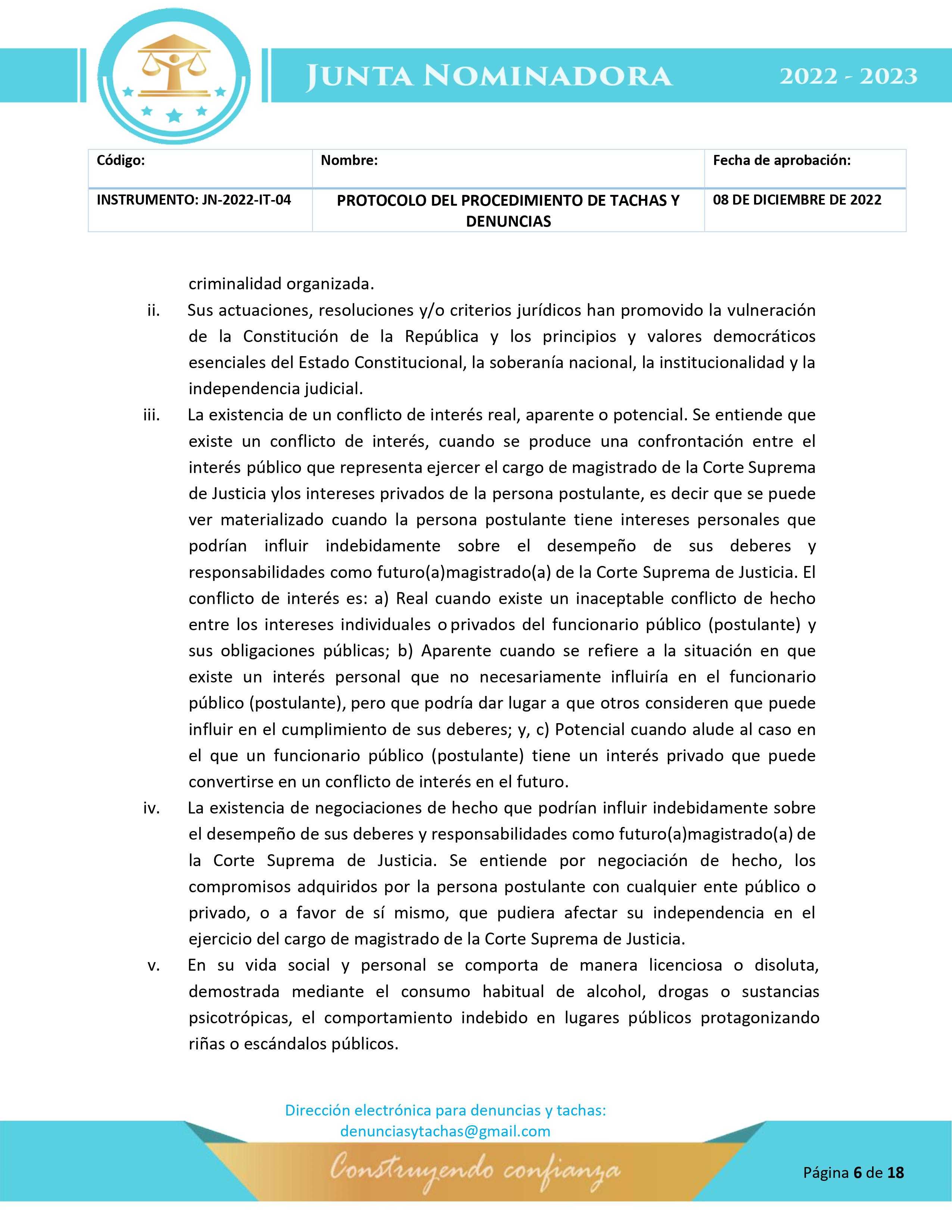 Protocolo para la etapa de tachas y denuncias